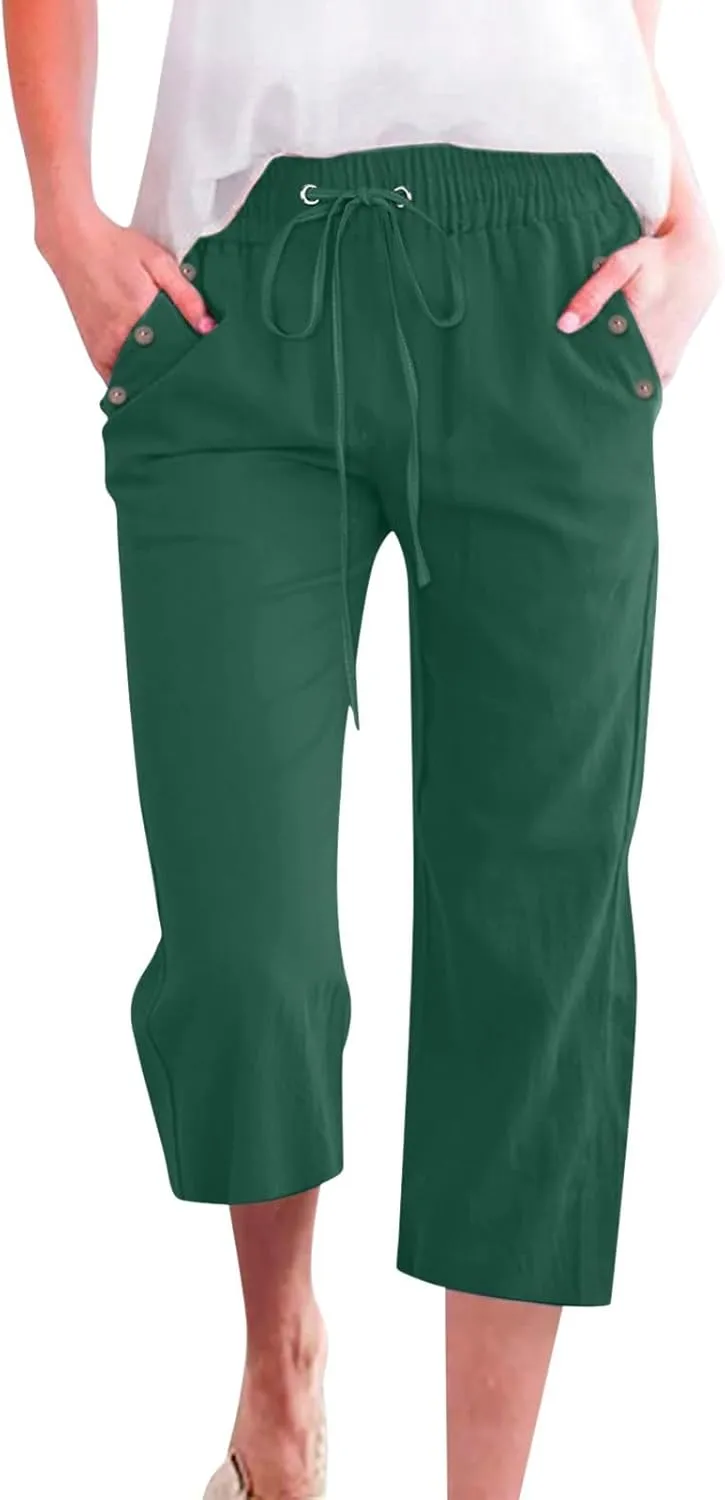 Linen Capri Pants for Women Cotton Casual Summer Capris Drawstring High Waist Pants Wide Leg Cropped Trousers