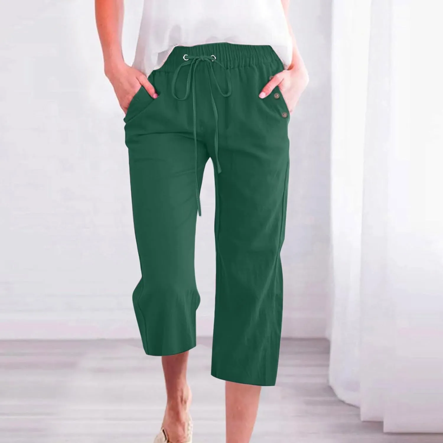 Linen Capri Pants for Women Cotton Casual Summer Capris Drawstring High Waist Pants Wide Leg Cropped Trousers