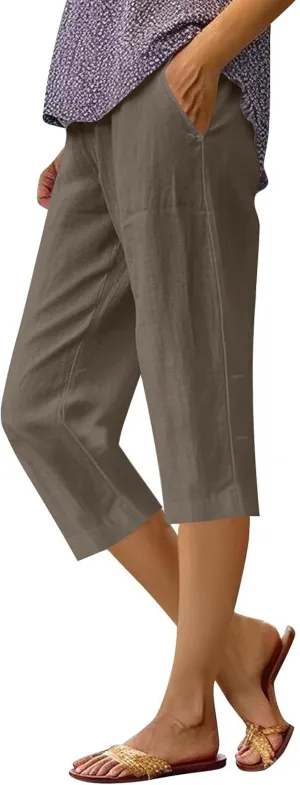 Linen Capri Pants for Women Cotton Linen Pants Casual 2025 Comfy Trendy Elastic Waist Trouser Beach Vacation Clothes