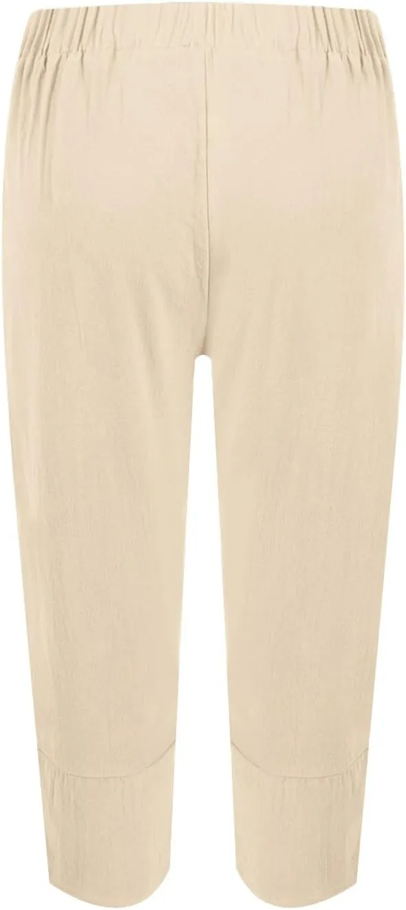 Linen Capri Pants for Women Summer Drawstring Elastic Waist Straight Wide Leg Cropped Trousers Beach Vacation Clothes