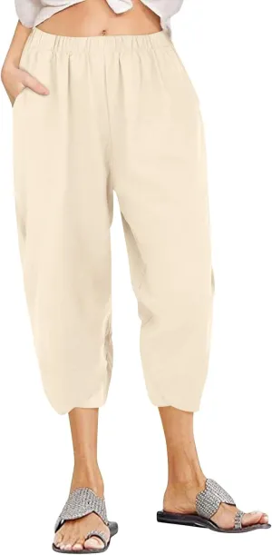 Linen Capri Pants for Women Summer Drawstring Elastic Waist Straight Wide Leg Cropped Trousers Beach Vacation Clothes