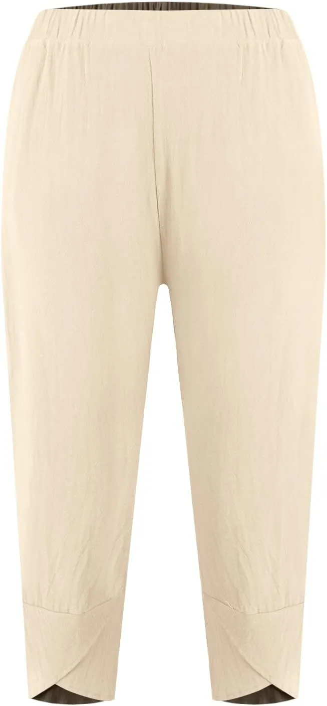 Linen Capri Pants for Women Summer Drawstring Elastic Waist Straight Wide Leg Cropped Trousers Beach Vacation Clothes