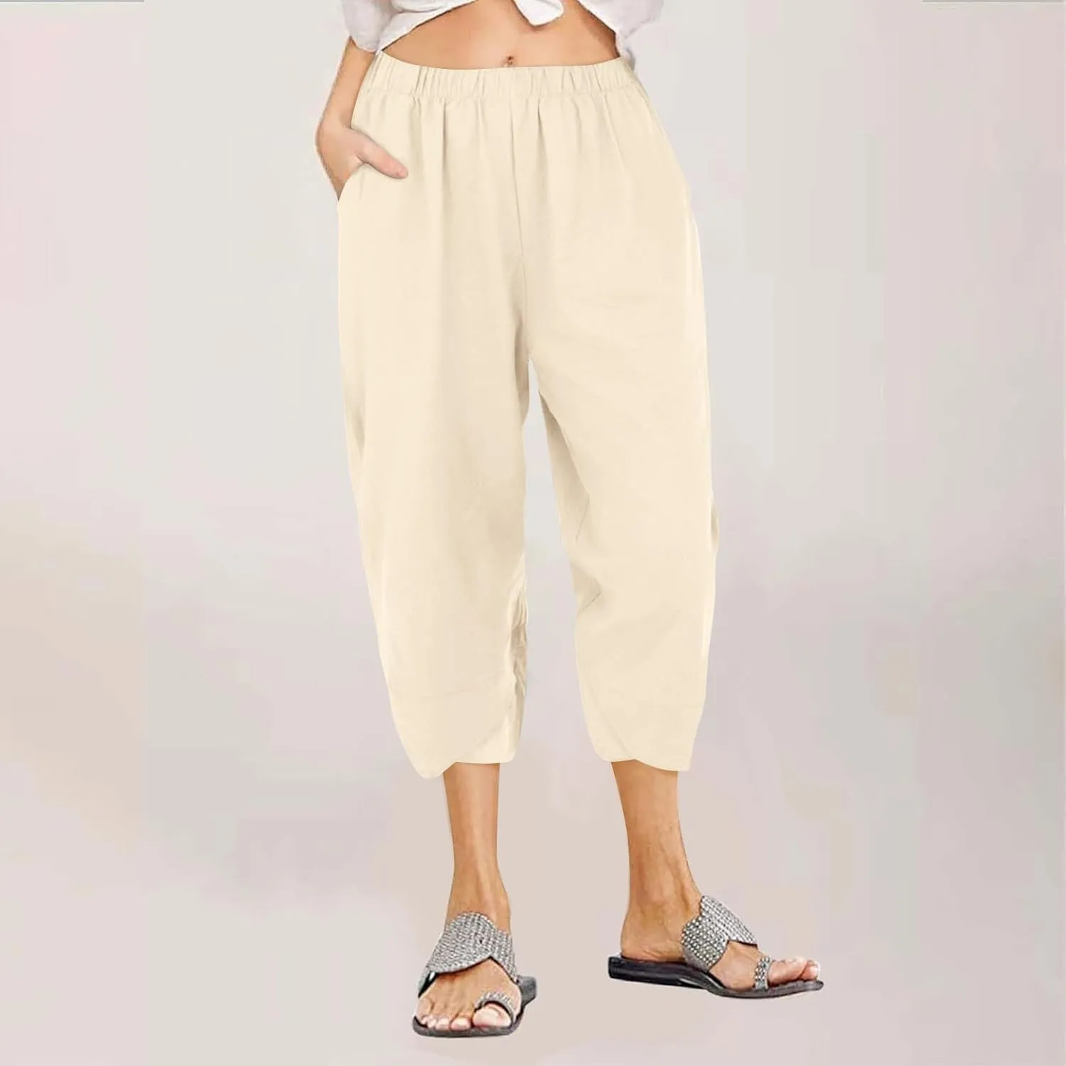 Linen Capri Pants for Women Summer Drawstring Elastic Waist Straight Wide Leg Cropped Trousers Beach Vacation Clothes