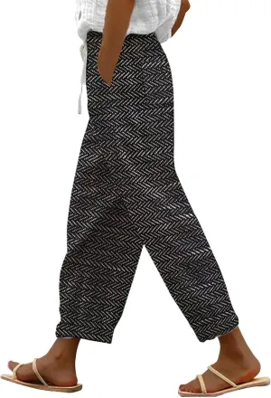 Linen Capri Pants with Drawstring Womens Casual Lightweight Elastic Waist Pants with Pockets Summer Petite Capris