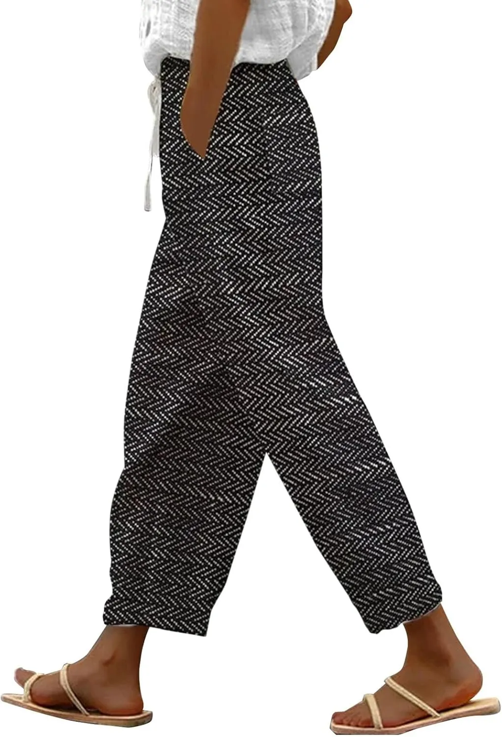Linen Capri Pants with Drawstring Womens Casual Lightweight Elastic Waist Pants with Pockets Summer Petite Capris