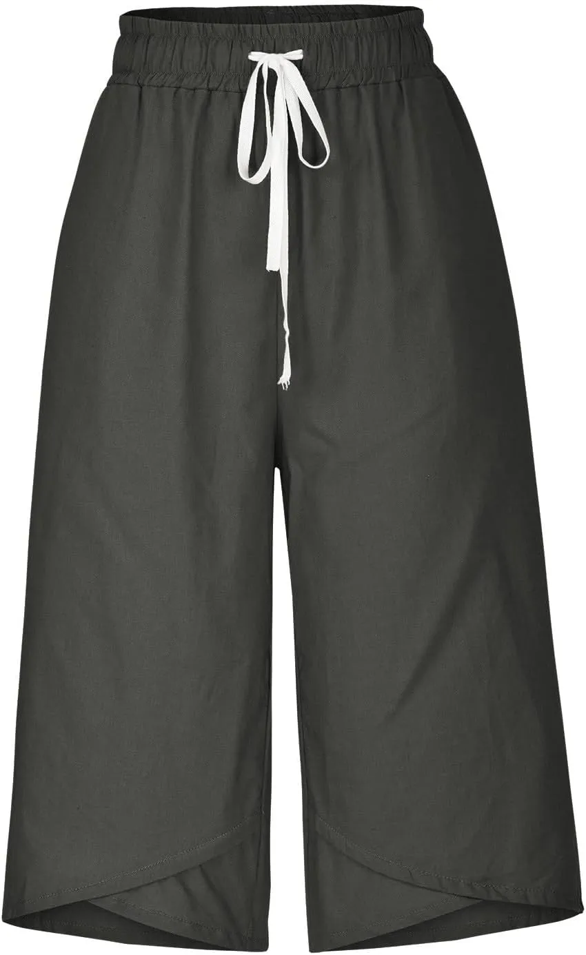 Linen Capris for Women High Waisted Wide Leg Summer Beach Cropped Trousers Elastic Drawstring Outfit with Pockets