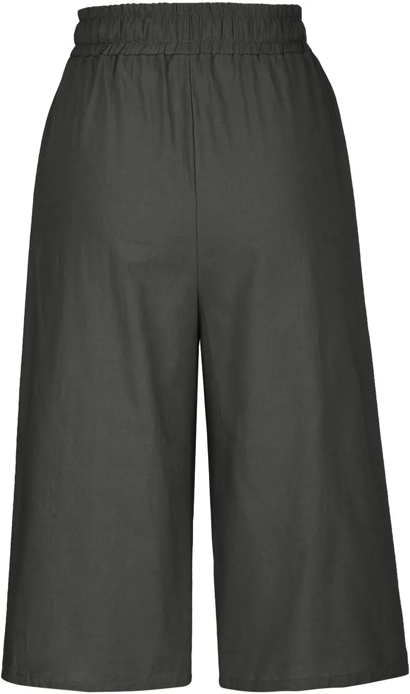 Linen Capris for Women High Waisted Wide Leg Summer Beach Cropped Trousers Elastic Drawstring Outfit with Pockets