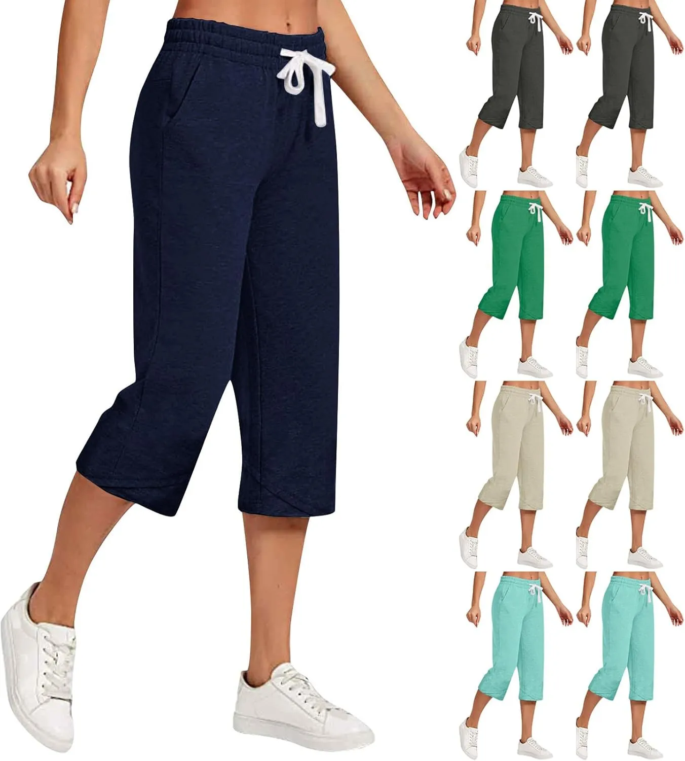 Linen Capris for Women High Waisted Wide Leg Summer Beach Cropped Trousers Elastic Drawstring Outfit with Pockets
