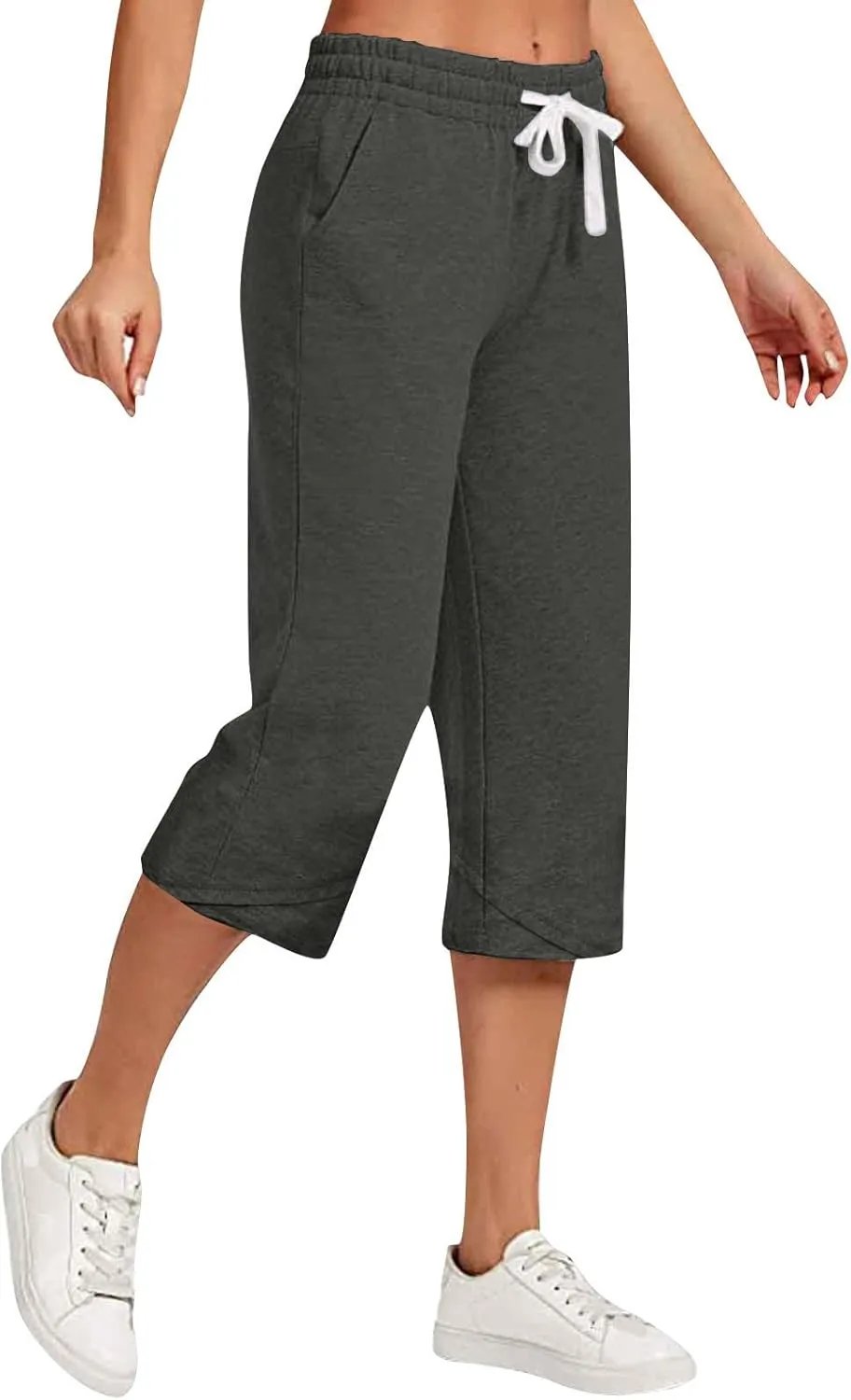 Linen Capris for Women High Waisted Wide Leg Summer Beach Cropped Trousers Elastic Drawstring Outfit with Pockets
