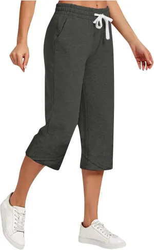 Linen Capris for Women High Waisted Wide Leg Summer Beach Cropped Trousers Elastic Drawstring Outfit with Pockets
