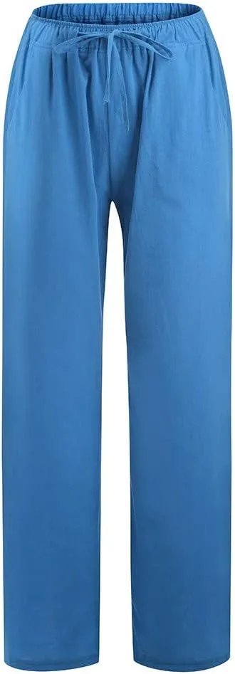 Linen Palazzo Pants for Women 2024 Casual Wide Leg Summer Lounge Pant Elastic Waist Drawstring Beach Vacation Trouser