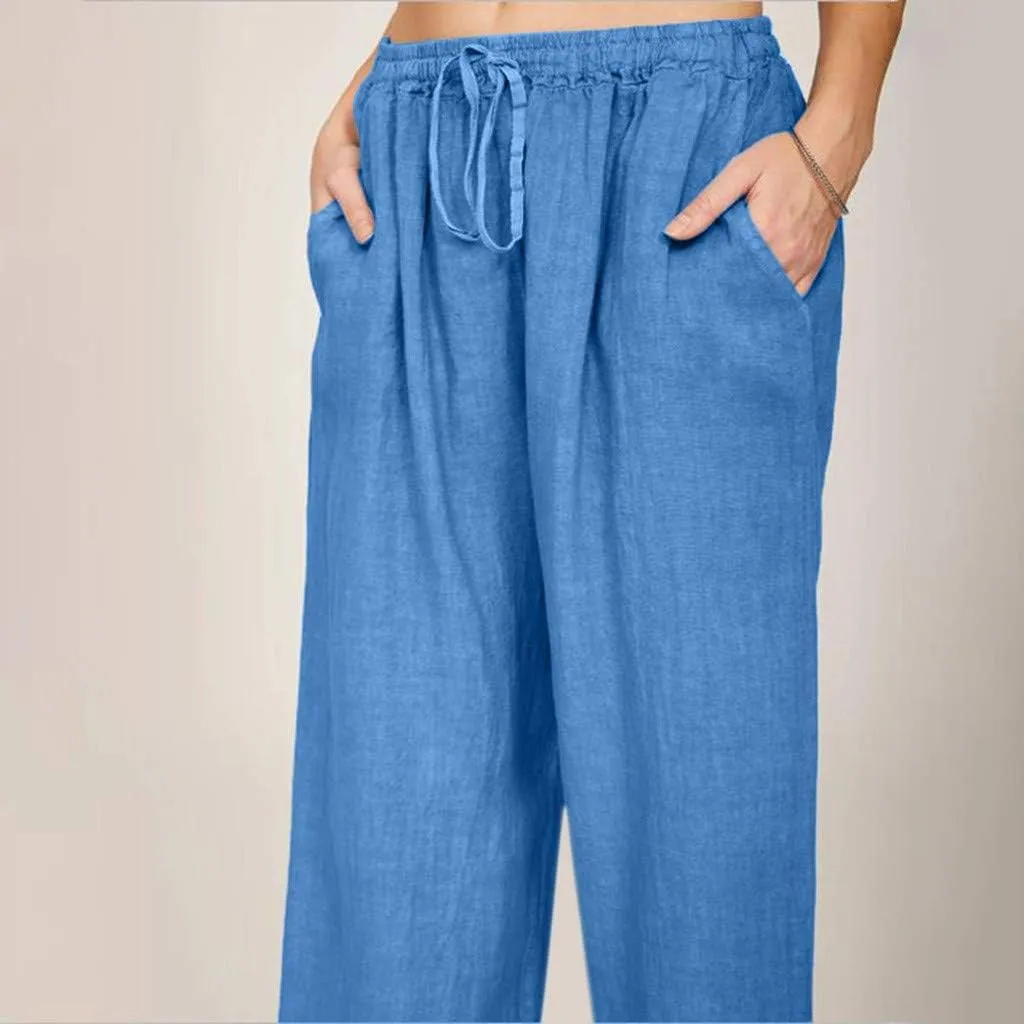 Linen Palazzo Pants for Women 2024 Casual Wide Leg Summer Lounge Pant Elastic Waist Drawstring Beach Vacation Trouser