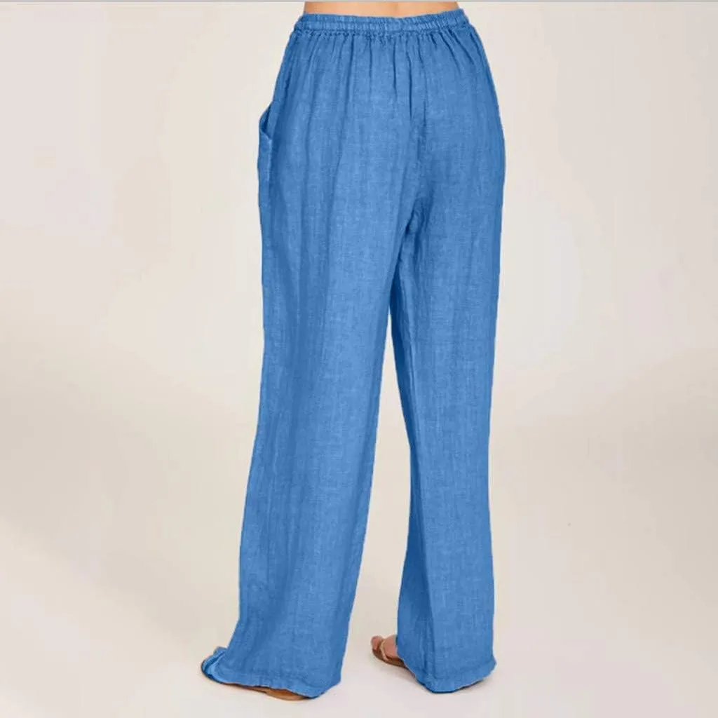 Linen Palazzo Pants for Women 2024 Casual Wide Leg Summer Lounge Pant Elastic Waist Drawstring Beach Vacation Trouser