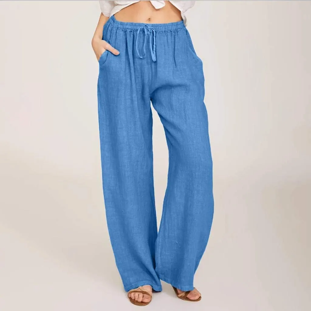 Linen Palazzo Pants for Women 2024 Casual Wide Leg Summer Lounge Pant Elastic Waist Drawstring Beach Vacation Trouser