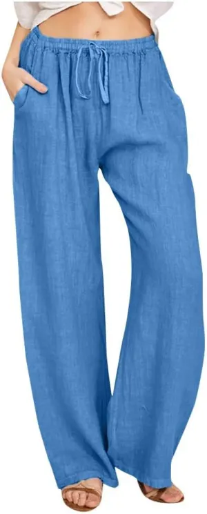 Linen Palazzo Pants for Women 2024 Casual Wide Leg Summer Lounge Pant Elastic Waist Drawstring Beach Vacation Trouser