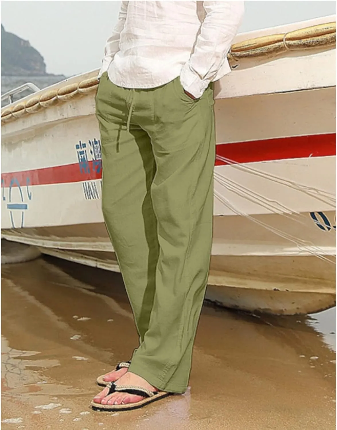 Linen Pants for Men Summer Casual Drawstring Elastic Waist Lightweight Comfy Straight Leg Pants with Pockets