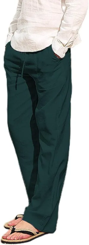 Linen Pants for Men Summer Casual Drawstring Elastic Waist Lightweight Comfy Straight Leg Pants with Pockets