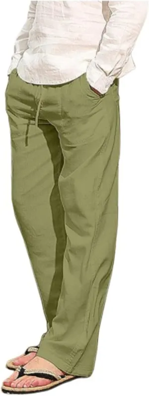 Linen Pants for Men Summer Casual Drawstring Elastic Waist Lightweight Comfy Straight Leg Pants with Pockets