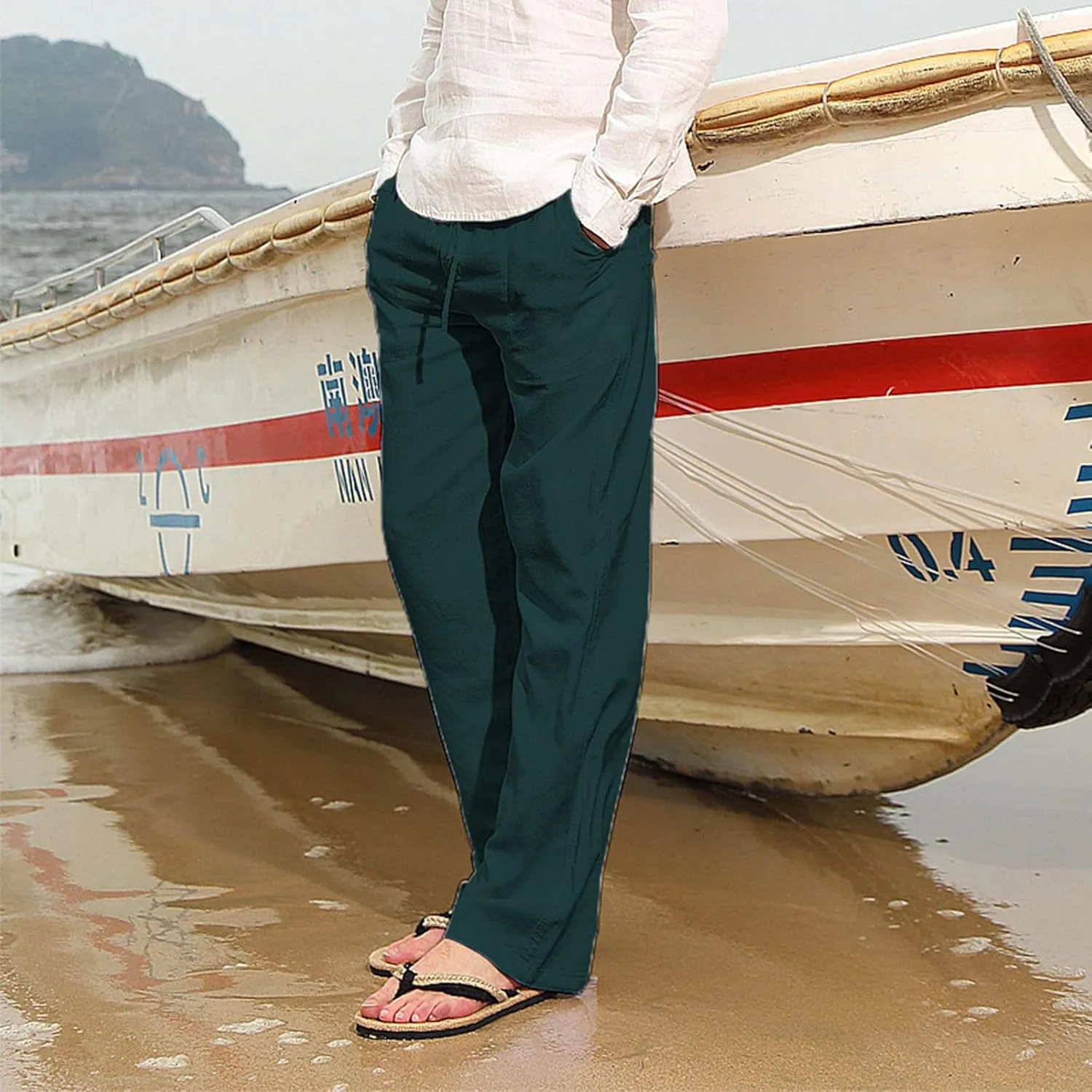 Linen Pants for Men Summer Casual Drawstring Elastic Waist Lightweight Comfy Straight Leg Pants with Pockets