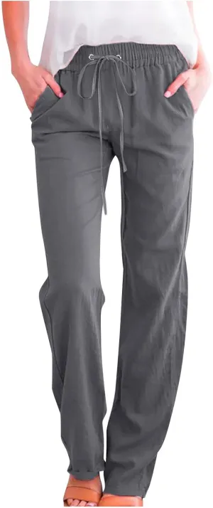 Linen Pants for Women 2024 Summer Casual Drawstring Elastic High Waist Pants Wide Leg Long Trouser with Pockets