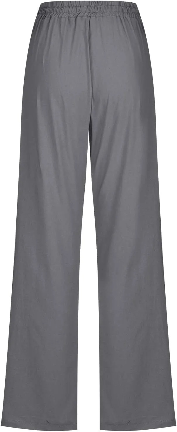 Linen Pants for Women 2024 Summer Casual Drawstring Elastic High Waist Pants Wide Leg Long Trouser with Pockets