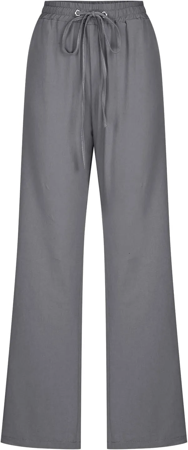 Linen Pants for Women 2024 Summer Casual Drawstring Elastic High Waist Pants Wide Leg Long Trouser with Pockets