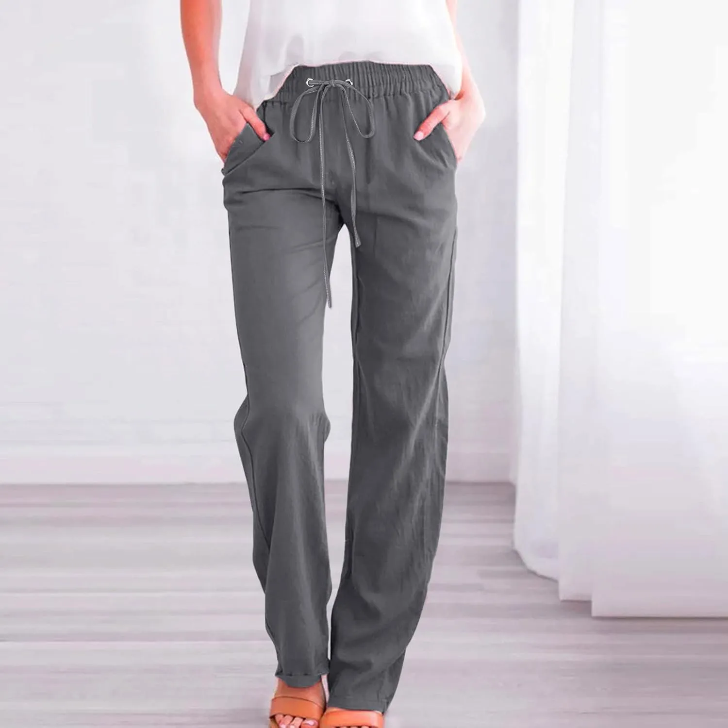 Linen Pants for Women 2024 Summer Casual Drawstring Elastic High Waist Pants Wide Leg Long Trouser with Pockets