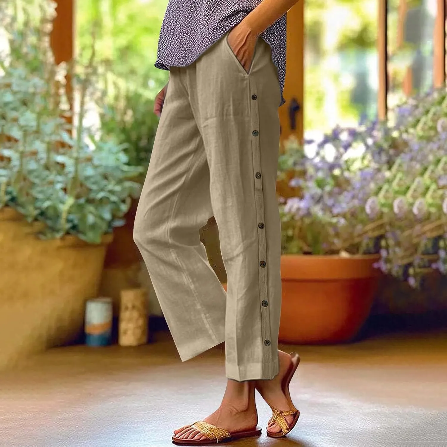 Linen Pants for Women 2025 Trendy High Waisted Wide Leg Trousers Striped Side Button Elastic Waist Summer Gauze Pants