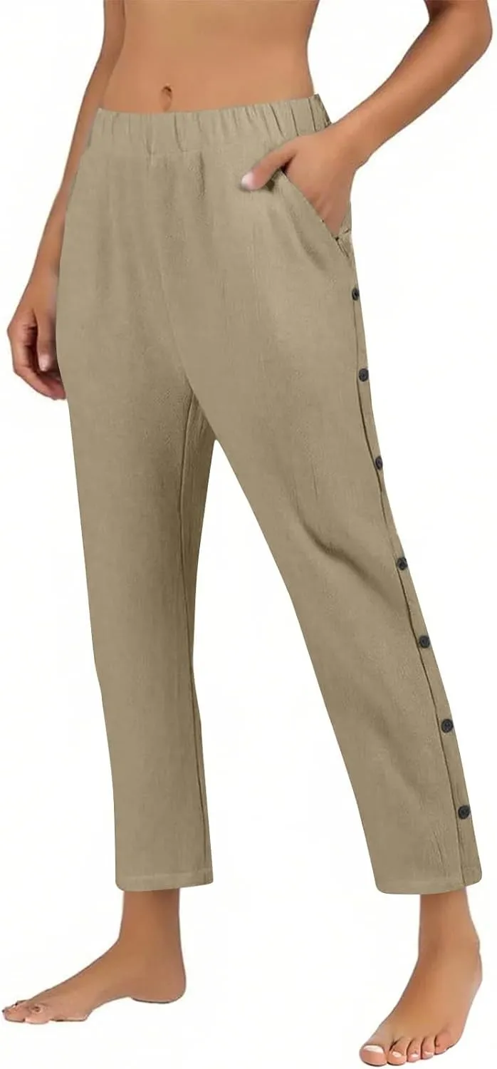 Linen Pants for Women 2025 Trendy High Waisted Wide Leg Trousers Striped Side Button Elastic Waist Summer Gauze Pants