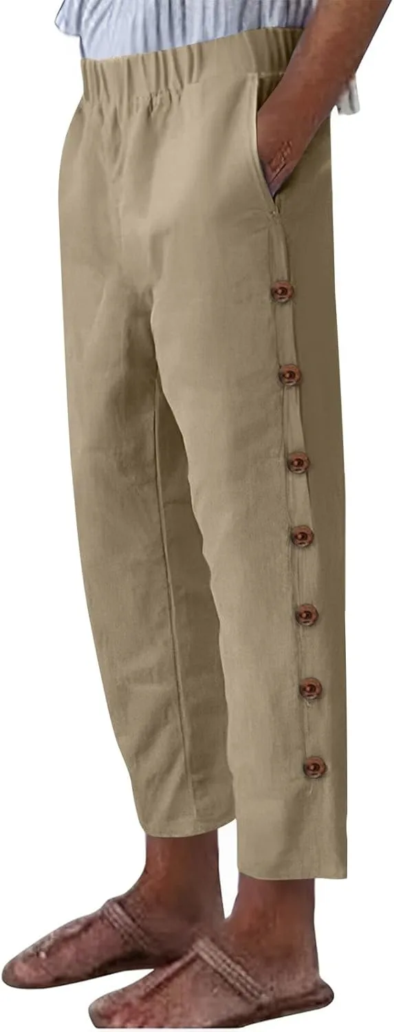 Linen Pants for Women 2025 Trendy High Waisted Wide Leg Trousers Striped Side Button Elastic Waist Summer Gauze Pants