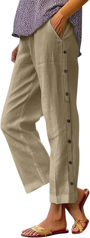 Linen Pants for Women 2025 Trendy High Waisted Wide Leg Trousers Striped Side Button Elastic Waist Summer Gauze Pants