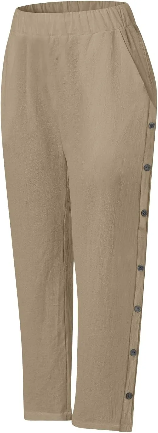 Linen Pants for Women 2025 Trendy High Waisted Wide Leg Trousers Striped Side Button Elastic Waist Summer Gauze Pants