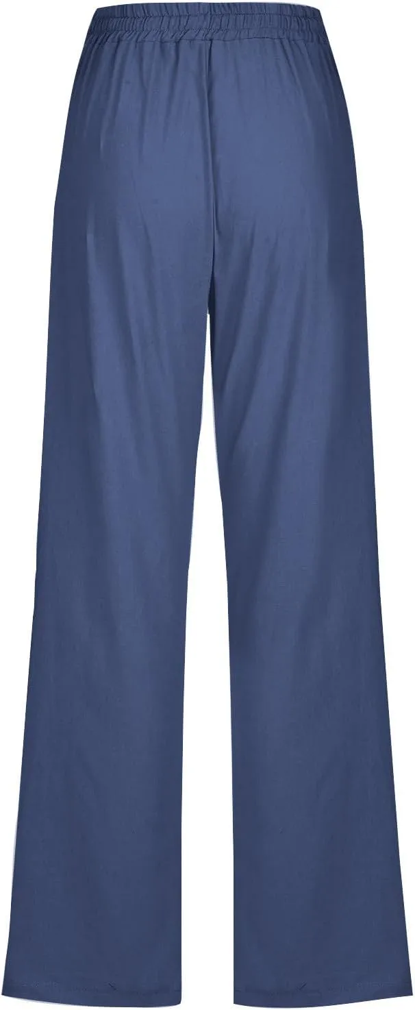 Linen Pants for Women Drawstring Elastic High Waist Pants Loose Straight Leg Lightweight Trousers Pants