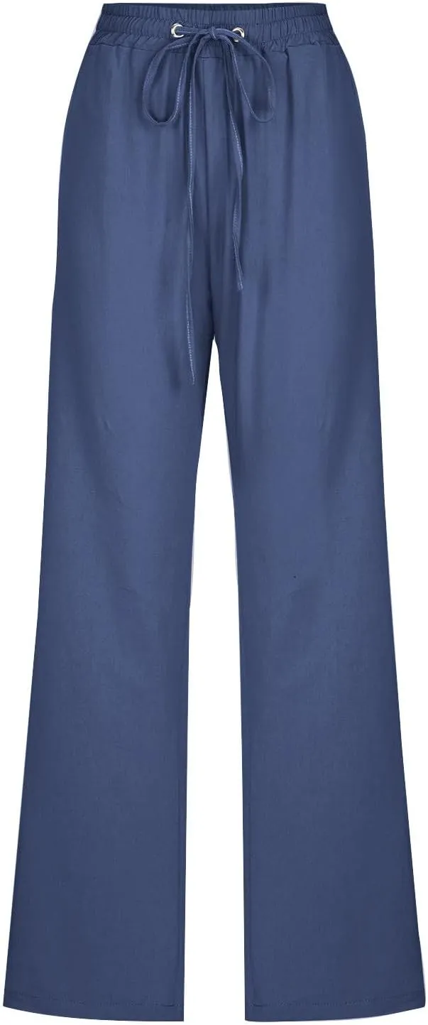 Linen Pants for Women Drawstring Elastic High Waist Pants Loose Straight Leg Lightweight Trousers Pants