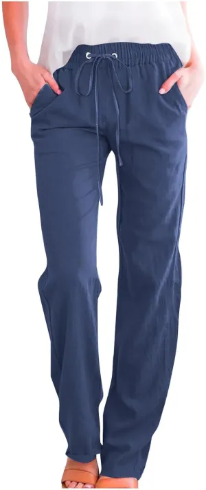 Linen Pants for Women Drawstring Elastic High Waist Pants Loose Straight Leg Lightweight Trousers Pants