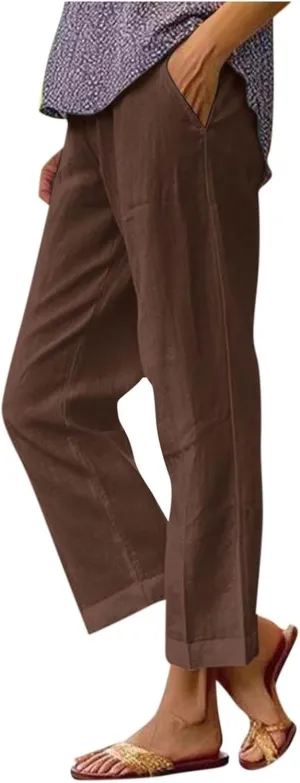 Linen Pants for Women Lightweight Casual Loose High Waist Straight Legs Trousers Summer Beach Yoga Pants with Pockets