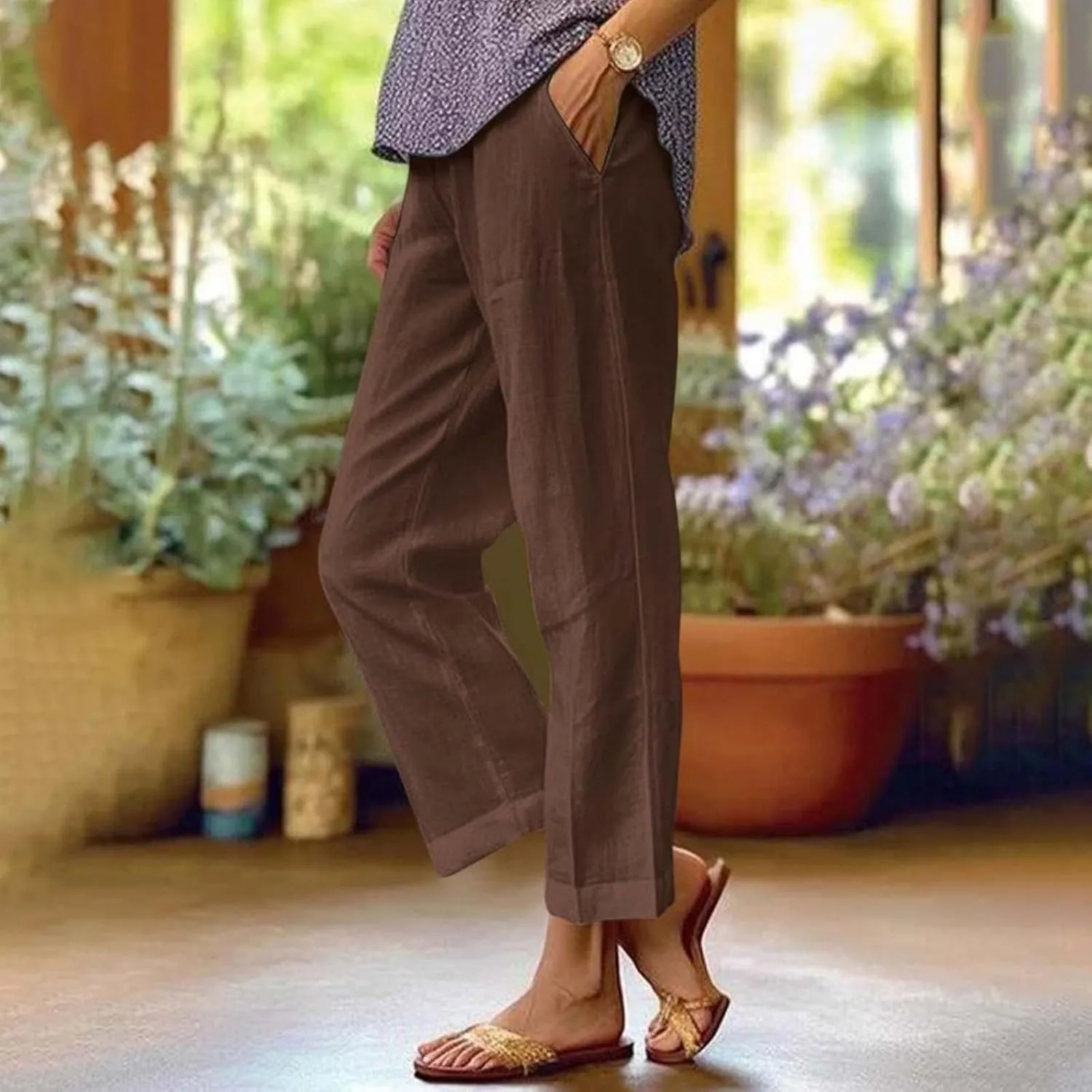 Linen Pants for Women Lightweight Casual Loose High Waist Straight Legs Trousers Summer Beach Yoga Pants with Pockets