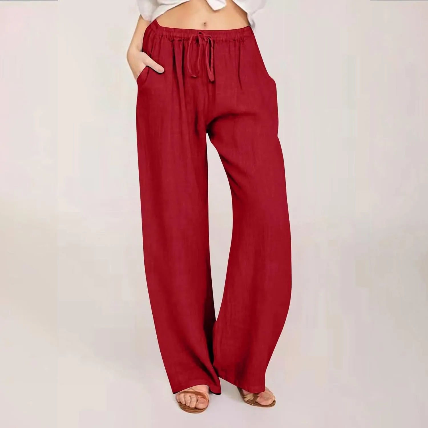 Linen Pants for Women Summer Beach Wide Leg Lounge Pant Elastic Drawstring Casual Trousers with Pockets