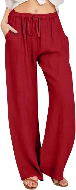 Linen Pants for Women Summer Beach Wide Leg Lounge Pant Elastic Drawstring Casual Trousers with Pockets