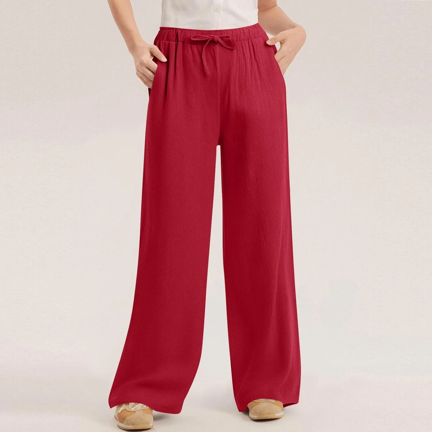Linen Pants for Women Summer Beach Wide Leg Lounge Pant Elastic Drawstring Casual Trousers with Pockets