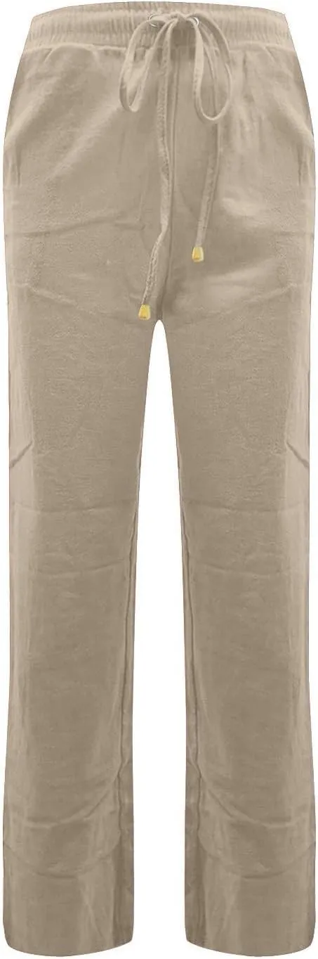 Linen Pants for Women Summer Loose Fit Straight Leg Lounge Pants with Pockets Drawstring Elastic Waist Trousers Pants