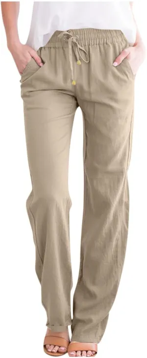 Linen Pants for Women Summer Loose Fit Straight Leg Lounge Pants with Pockets Drawstring Elastic Waist Trousers Pants