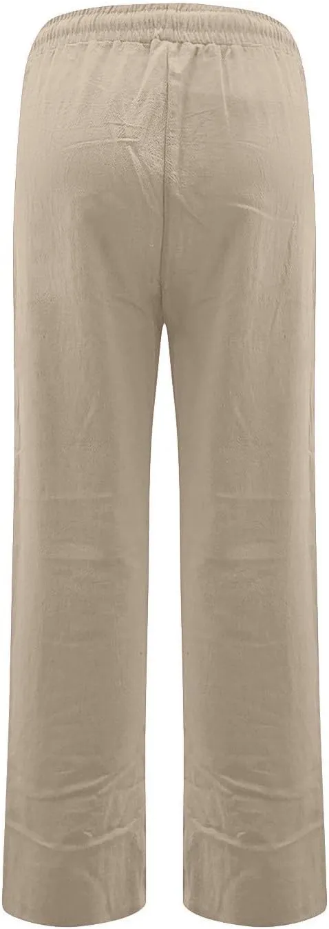 Linen Pants for Women Summer Loose Fit Straight Leg Lounge Pants with Pockets Drawstring Elastic Waist Trousers Pants