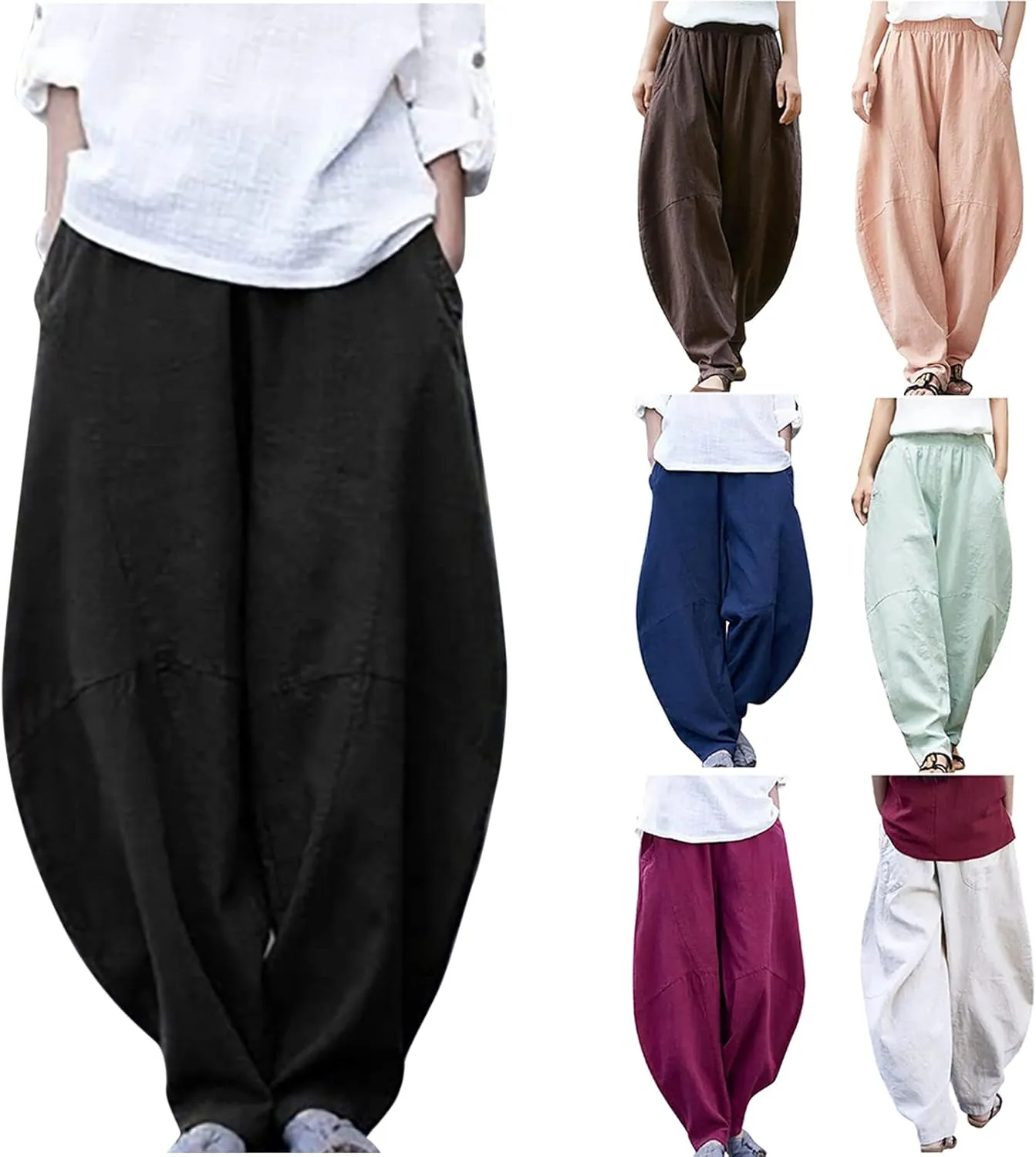 Linen Pants Women 2025 Summer Elastic High Waist Wide Leg Trousers Casual Loose Fit Harem Palazzo with Pockets