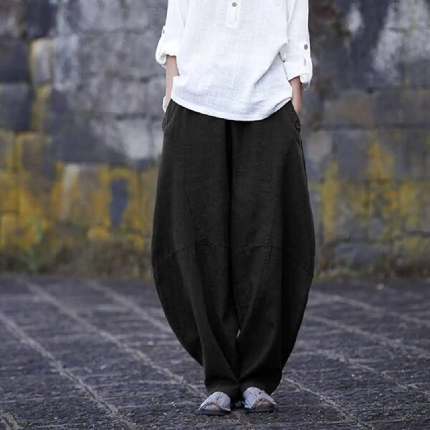 Linen Pants Women 2025 Summer Elastic High Waist Wide Leg Trousers Casual Loose Fit Harem Palazzo with Pockets