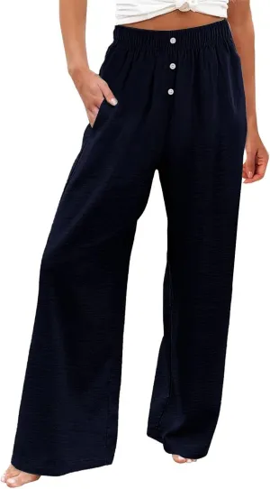 Linen Pants Women Comfy Flowy Wide Leg Pants Summer Baggy High Waisted Palazzo Beach Pants Trousers with Pockets