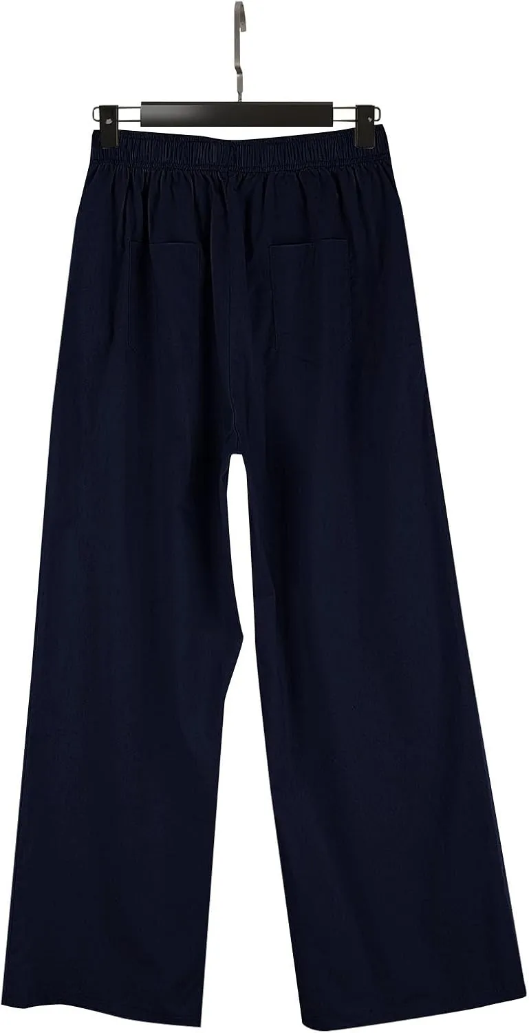 Linen Pants Women Comfy Flowy Wide Leg Pants Summer Baggy High Waisted Palazzo Beach Pants Trousers with Pockets