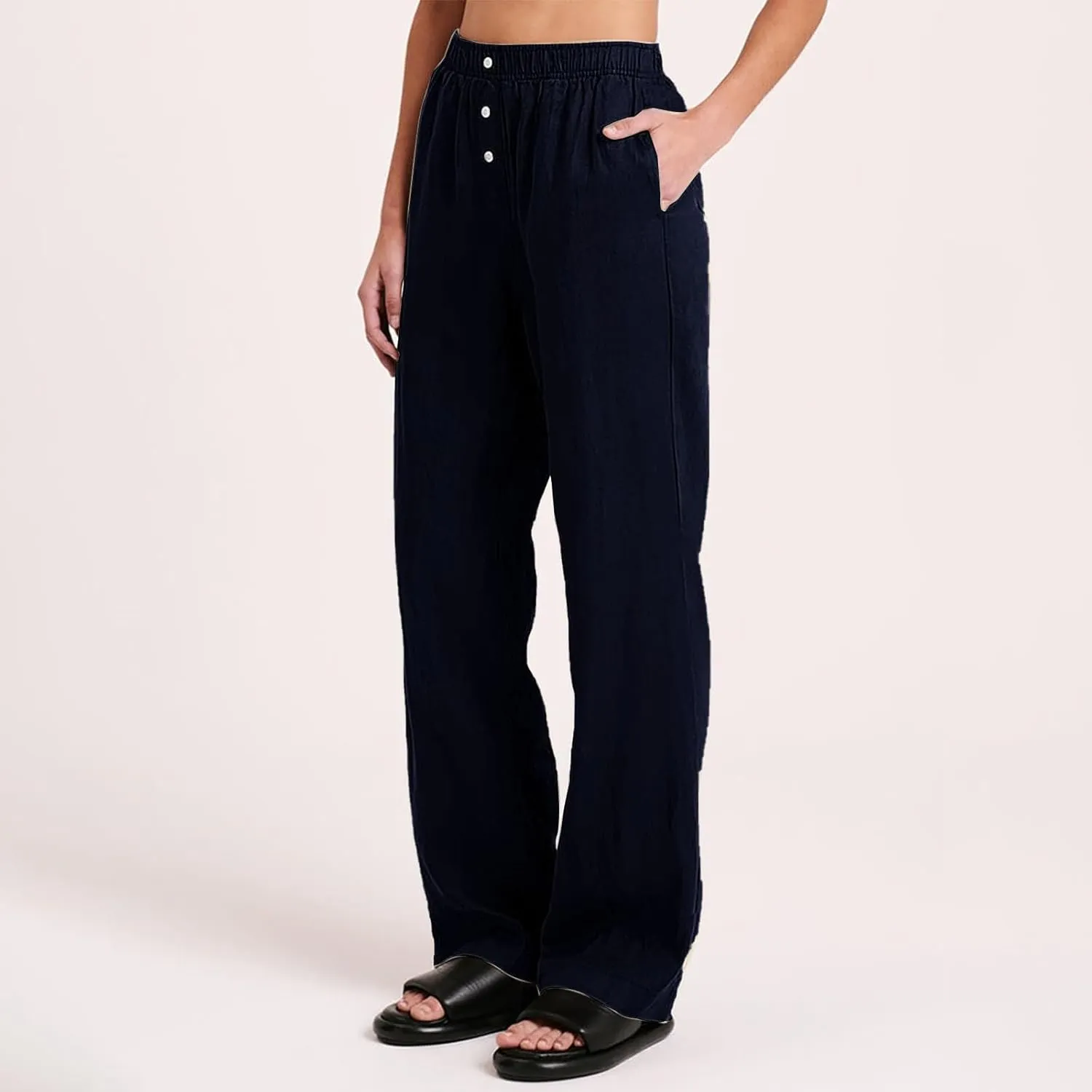 Linen Pants Women Comfy Flowy Wide Leg Pants Summer Baggy High Waisted Palazzo Beach Pants Trousers with Pockets