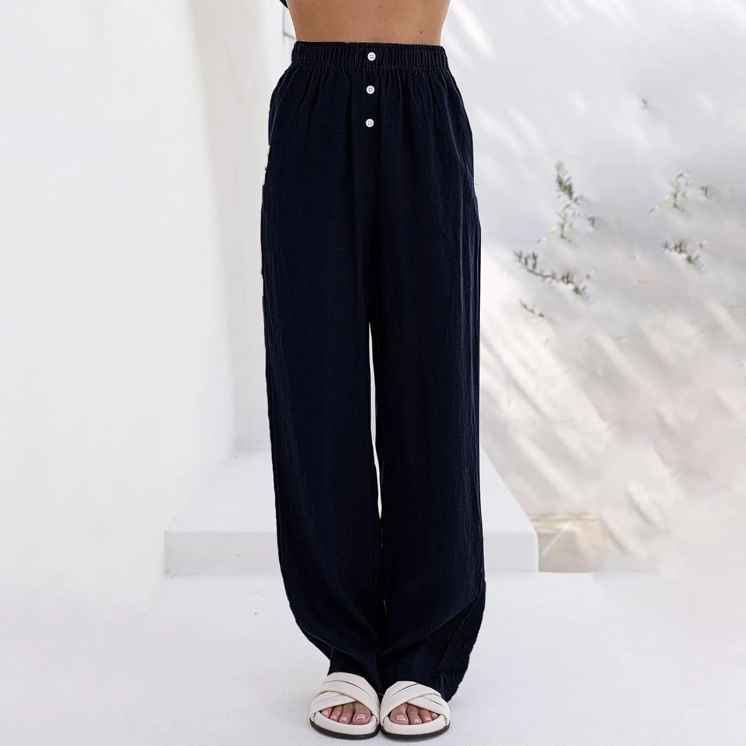 Linen Pants Women Comfy Flowy Wide Leg Pants Summer Baggy High Waisted Palazzo Beach Pants Trousers with Pockets