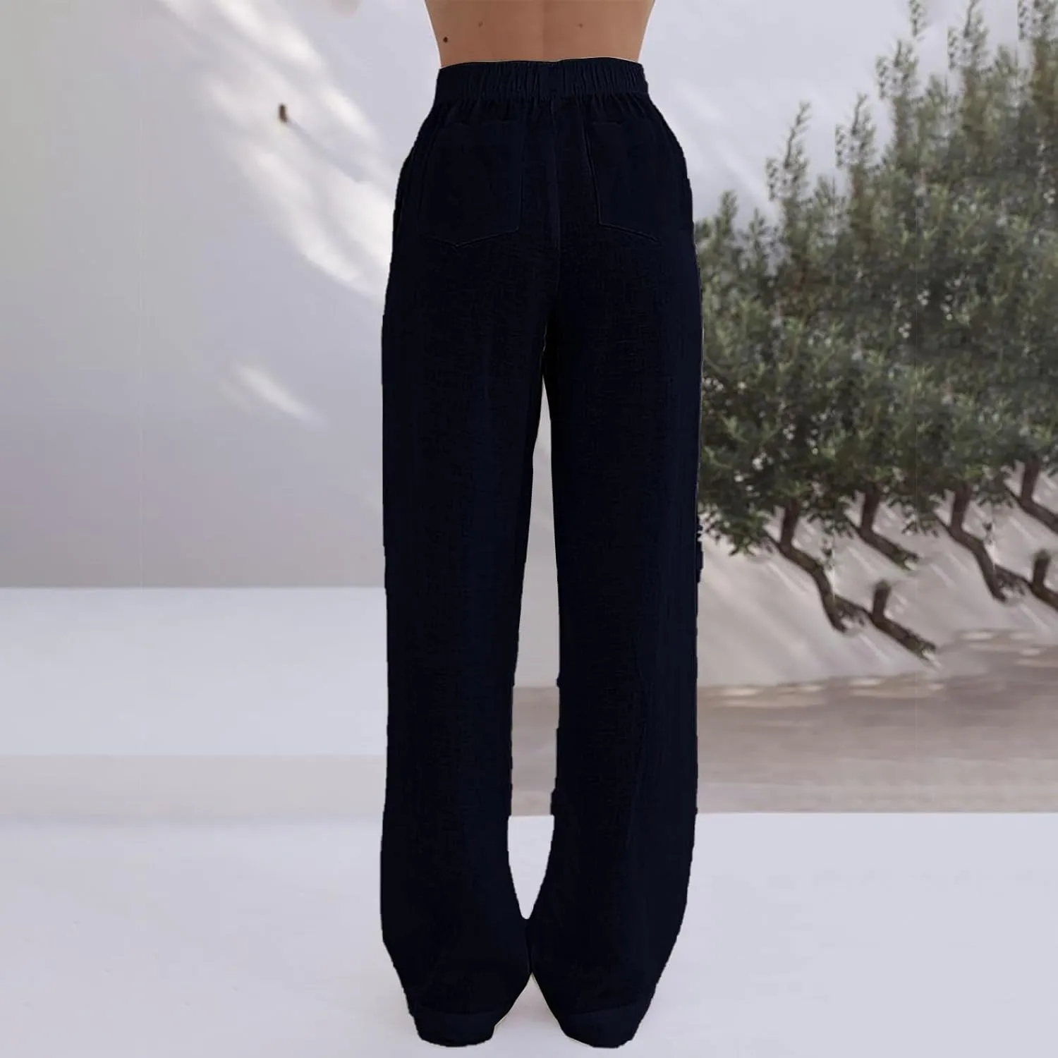 Linen Pants Women Comfy Flowy Wide Leg Pants Summer Baggy High Waisted Palazzo Beach Pants Trousers with Pockets